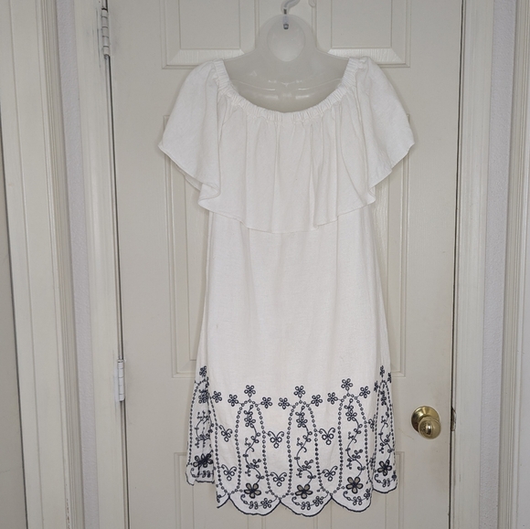 Linen Blend Embroidered Eyelet Floral Dress White M - Picture 2 of 14